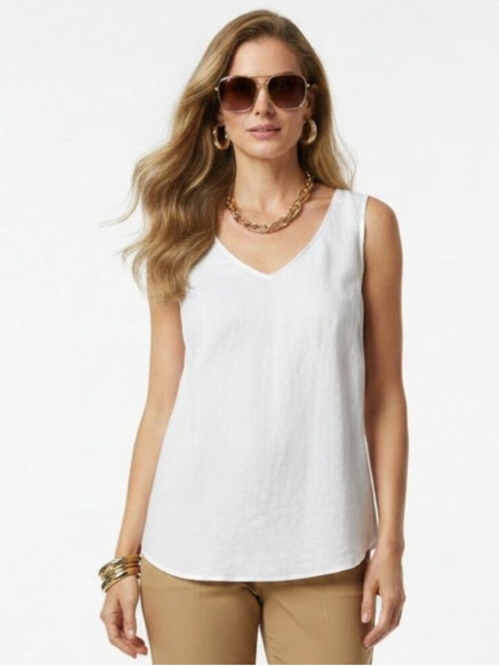 Tahari White Linen V-Neck Sleeveless Tank Blouse Size Medium